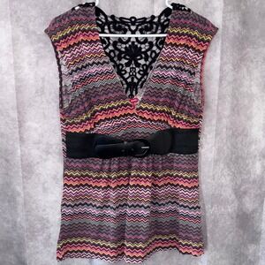 Y2K Bongo Women Large Multi Color Chevron Boho Lace Back Belted Top